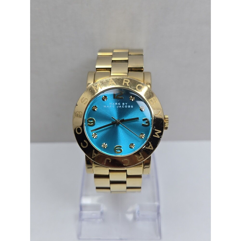 Marc Jacobs Amy Aqua Blue Gold Tone Womens 36mm Dress Watch Classic New Battery